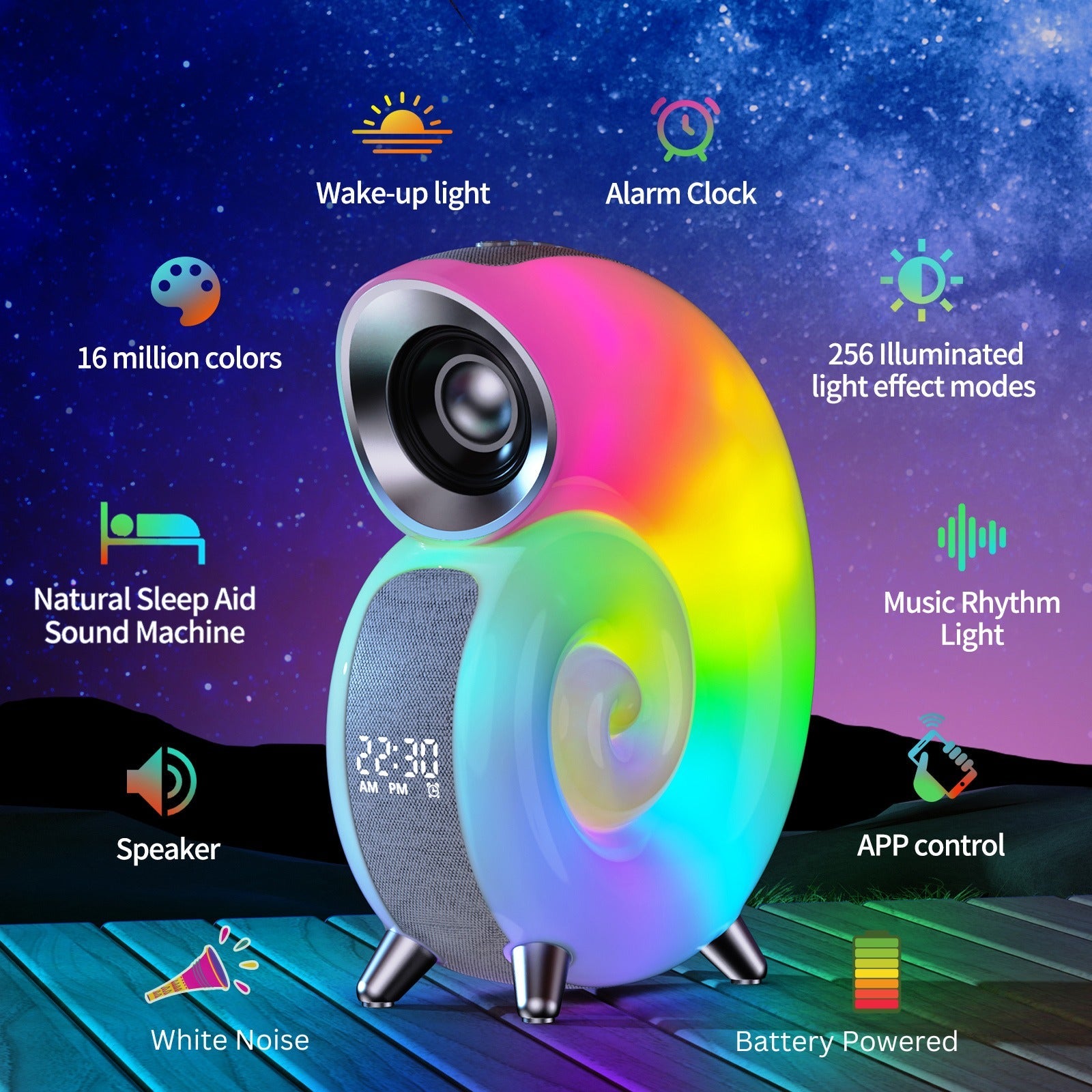 Smart 6 in 1 RGB Bluetooth Speaker with Alarm Clock (With Battery)